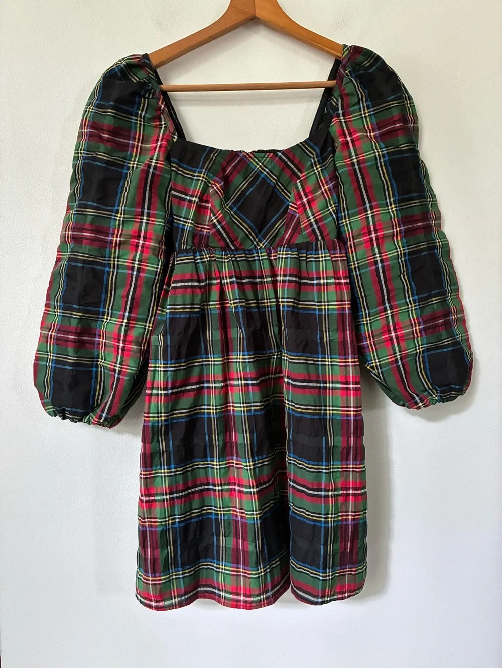 J. Crew Puff-sleeve mini dress in Stewart tartan holiday Christmas